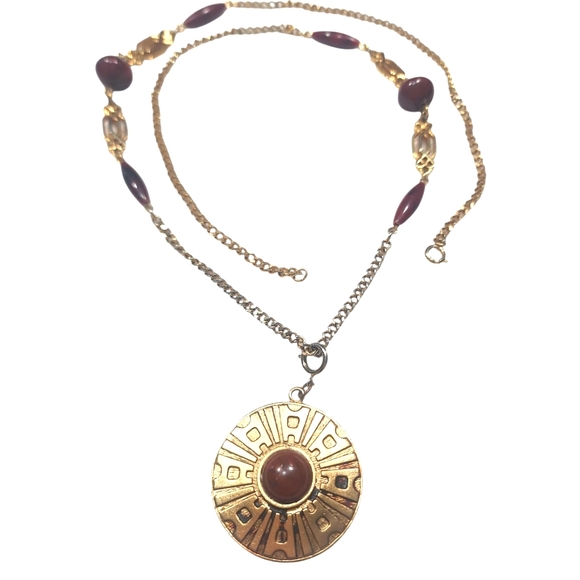 Sarah Coventry Jewelry - Sarah Coventry Pendant Necklace Gold Plated Medallion Red Lucite 29".